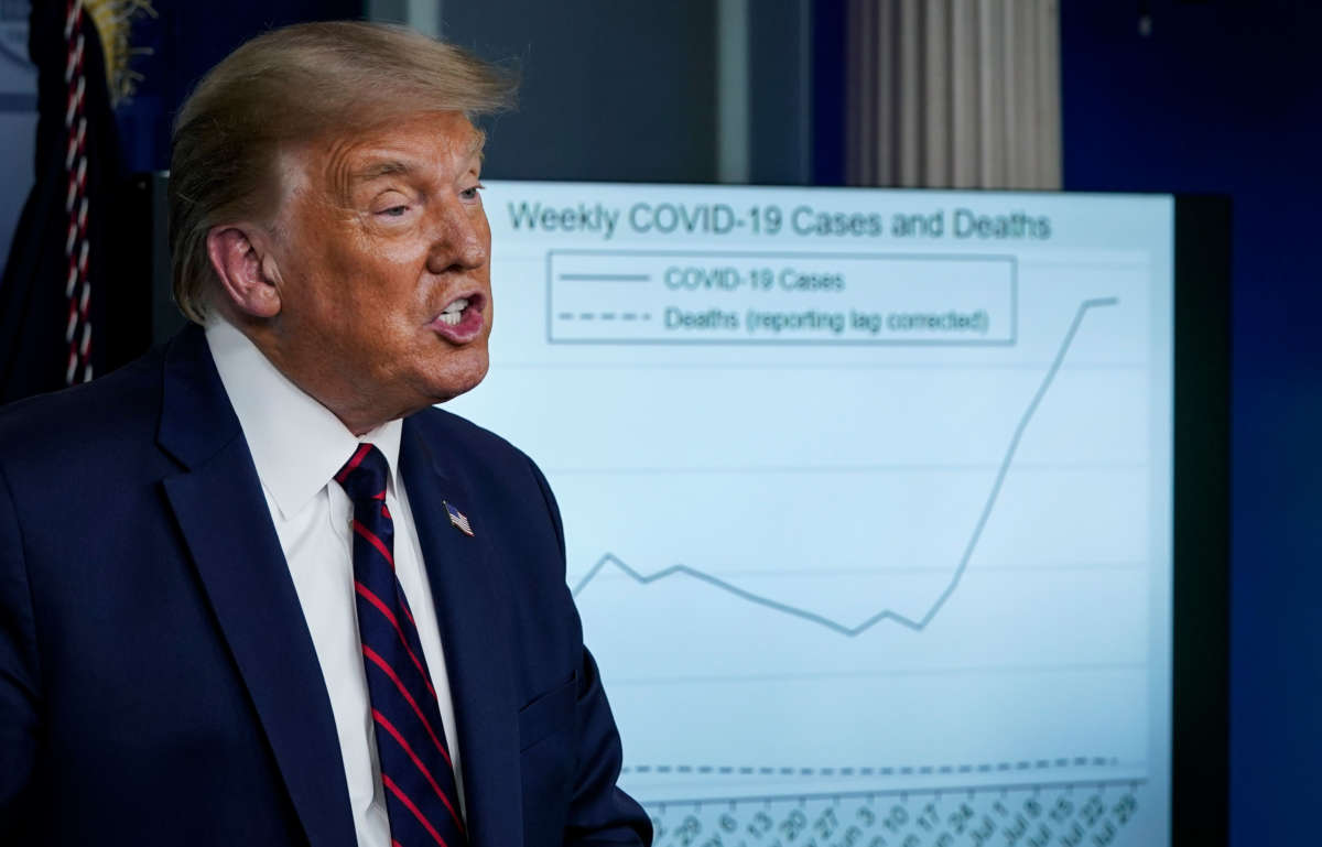 President Trump speaks during a news conference in the James Brady Press Briefing Room of the White House on August 4, 2020, in Washington, D.C.