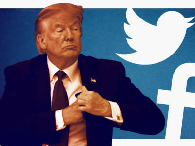 President Trump puts away his cellphone with Twitter and Facebook logos in background