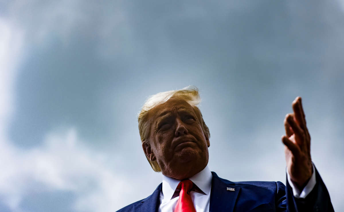 President Trump stops to talk to reporters as he departs the White House for a trip to Ohio on August 6, 2020, in Washington, D.C.