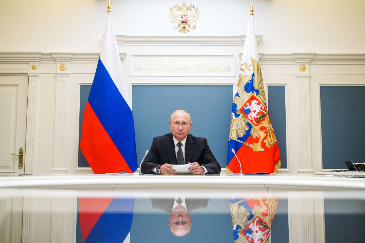Russia's President Vladimir Putin attends via video link the inauguration ceremonies for new medical centers built by Russia's Defence Ministry, June 30, 2020, in Moscow, Russia.