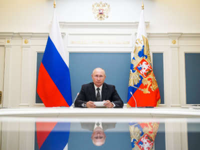 Russia's President Vladimir Putin attends via video link the inauguration ceremonies for new medical centers built by Russia's Defence Ministry, June 30, 2020, in Moscow, Russia.