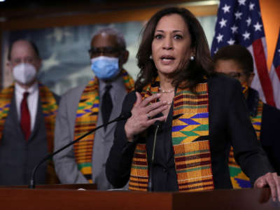 Sen. Kamala Harris joins fellow Democrats from the House and Senate to introduce new legislation at the U.S. Capitol, June 8, 2020, in Washington, D.C.