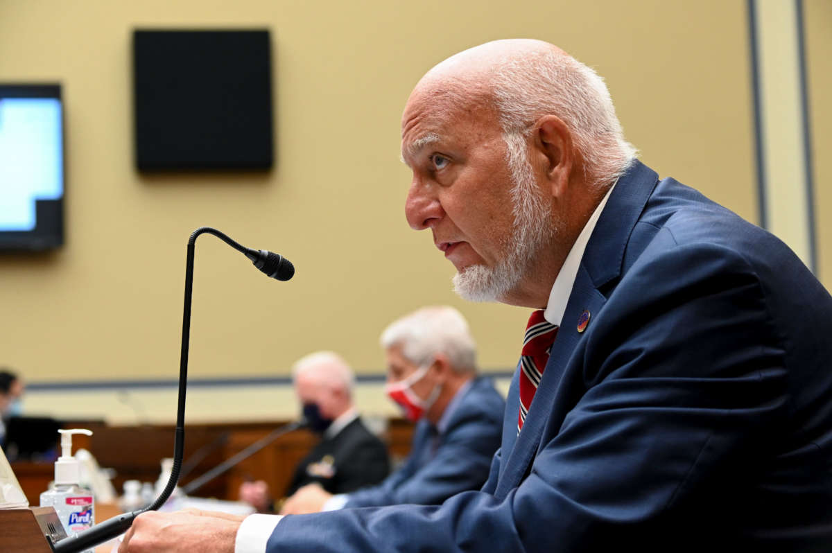 Robert Redfield, director of the Centers for Disease Control and Prevention, testifies during a House Select Subcommittee on the Coronavirus Crisis hearing on July 31, 2020, in Washington, D.C.
