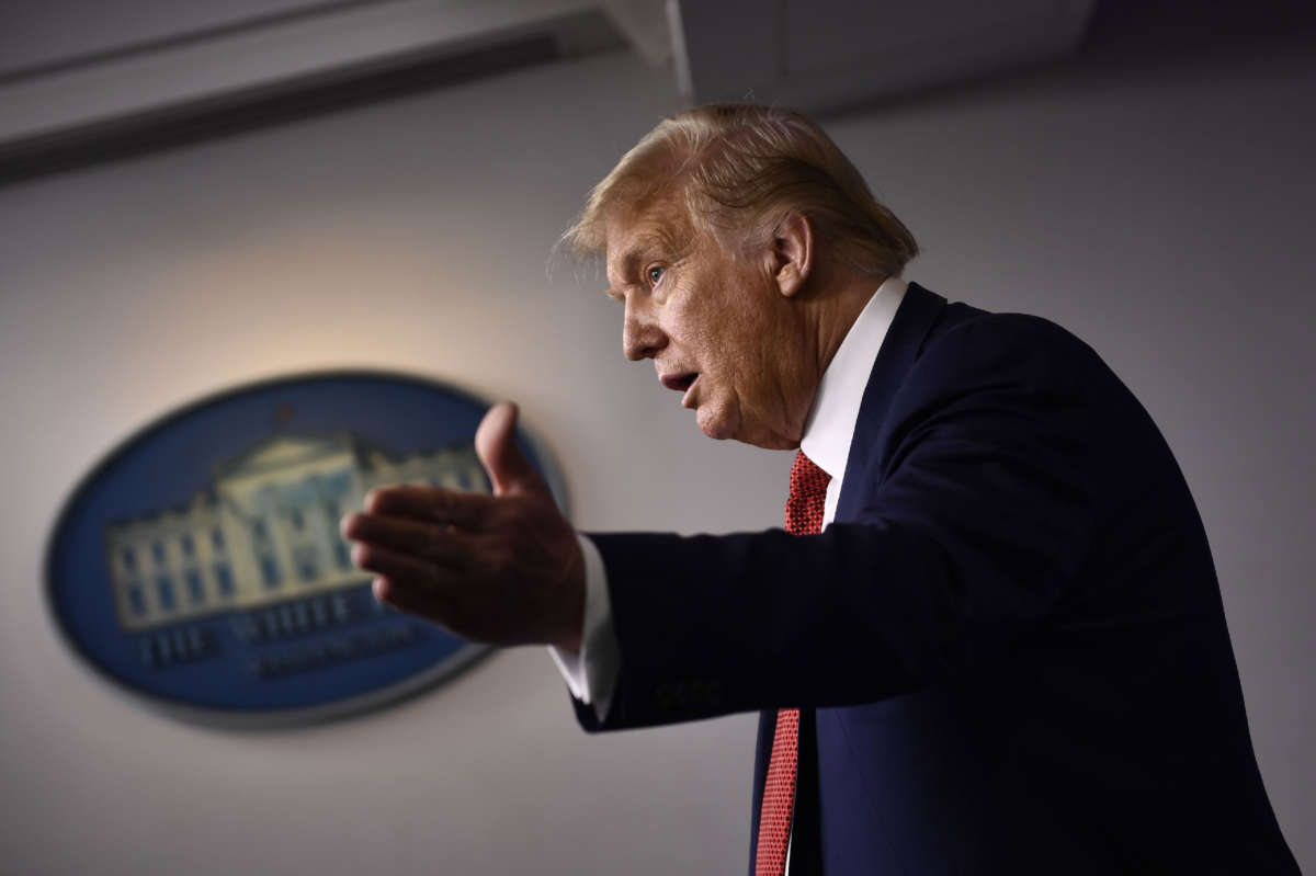 President Trump speaks to the press in the Brady Briefing Room of the White House in Washington, D.C., on August 10, 2020.