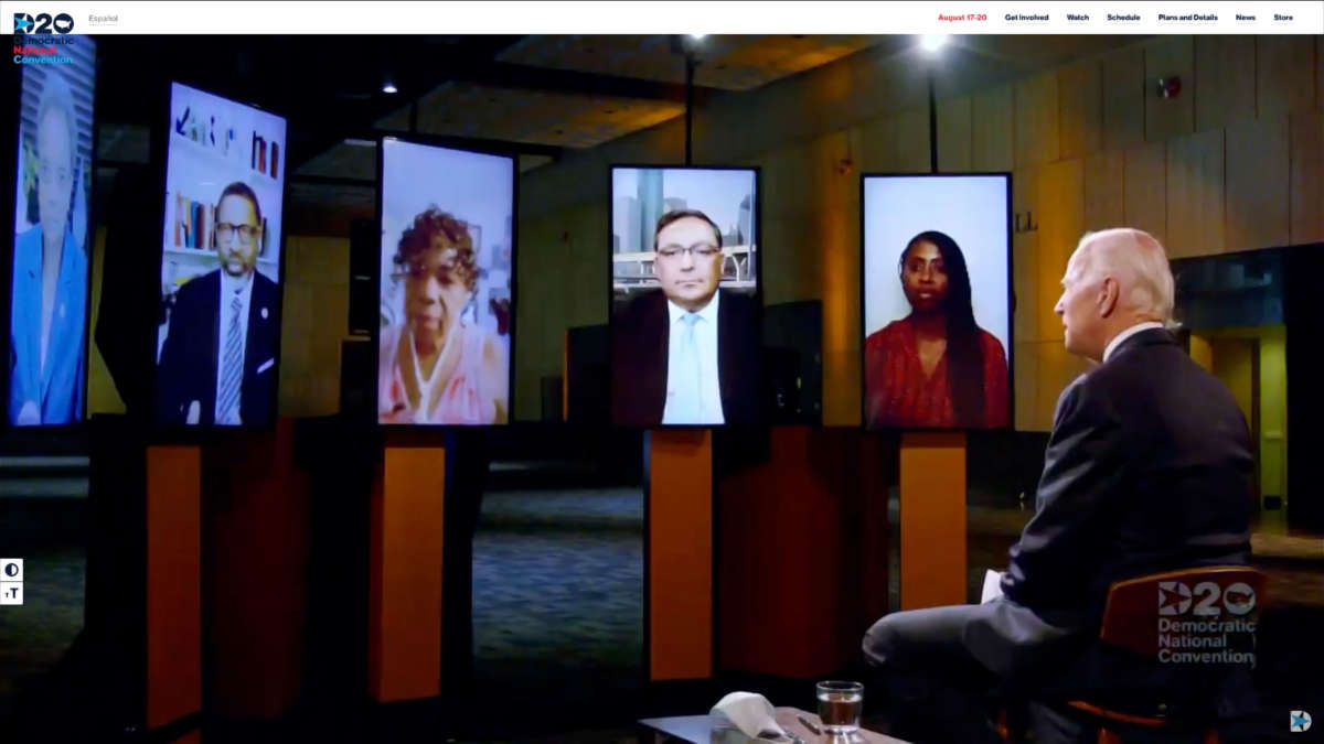 In this screenshot from the DNCC’s livestream of the 2020 Democratic National Convention, Presumptive Democratic presidential nominee former Vice President Joe Biden has a conference call with (L-R) Chicago Mayor Lori Lightfoot, President and CEO NAACP Derrick Johnson, Eric Garner’s Mother Gwen Carr, Chief of Houston Police Art Acevedo and Social Justice Advocate Jamira Burley on August 17, 2020.