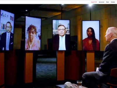 In this screenshot from the DNCC’s livestream of the 2020 Democratic National Convention, Presumptive Democratic presidential nominee former Vice President Joe Biden has a conference call with (L-R) Chicago Mayor Lori Lightfoot, President and CEO NAACP Derrick Johnson, Eric Garner’s Mother Gwen Carr, Chief of Houston Police Art Acevedo and Social Justice Advocate Jamira Burley on August 17, 2020.