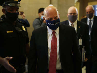 Postmaster General Louis Dejoy arrives at a meeting at the office of Speaker of the House Rep. Nancy Pelosi at the U.S. Capitol, August 5, 2020, in Washington, D.C.