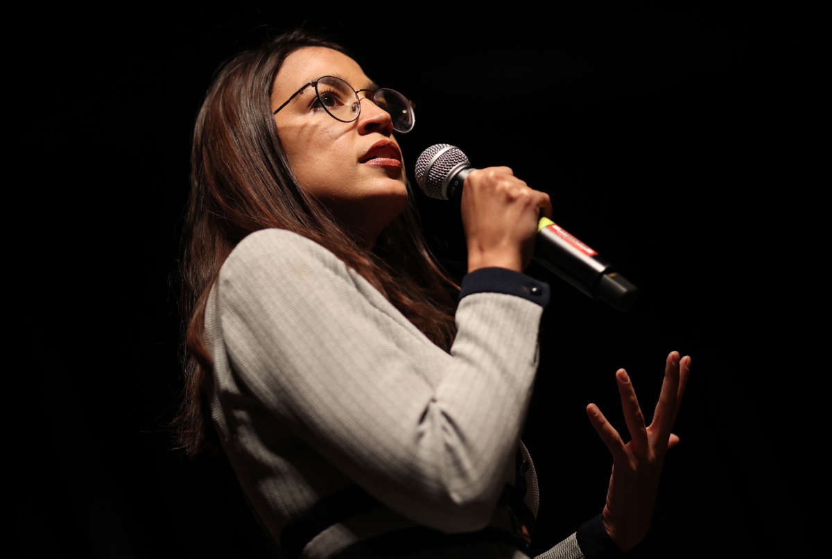 Rep. Alexandria Ocasio-Cortez speaks at a campaign event for Democratic presidential candidate Sen. Bernie Sanders at the Ames City Auditorium on January 25, 2020, in Ames, Iowa.