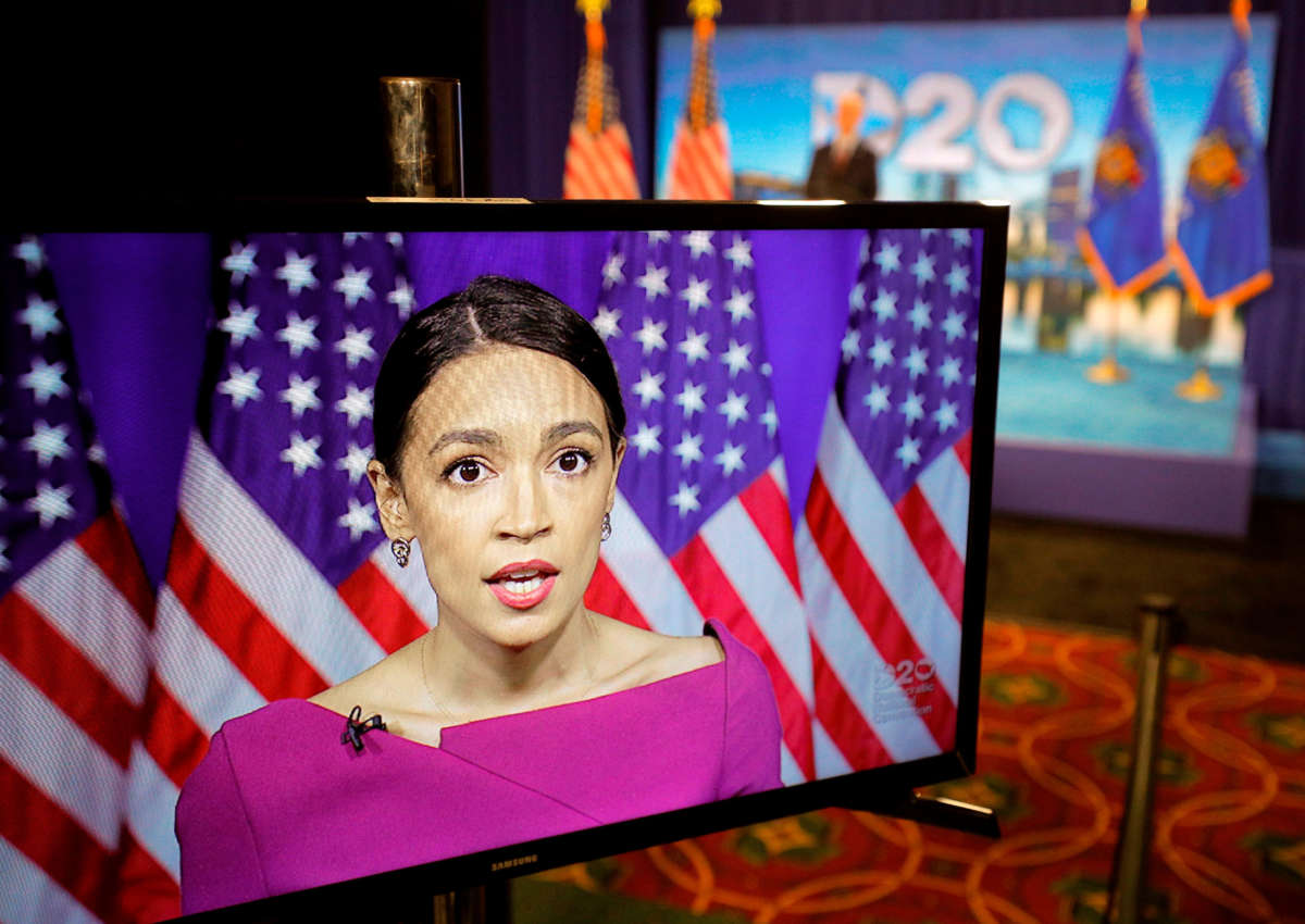 Rep. Alexandria Ocasio-Cortez speaks via video feed during the second day of the Democratic National Convention, being held virtually amid the novel coronavirus pandemic, at its hosting site in Milwaukee, Wisconsin, on August 18, 2020.