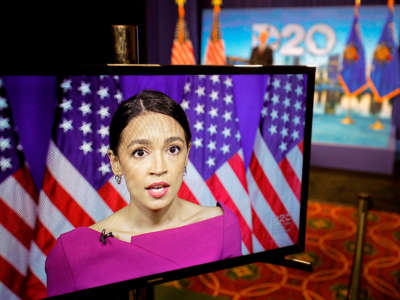 Rep. Alexandria Ocasio-Cortez speaks via video feed during the second day of the Democratic National Convention, being held virtually amid the novel coronavirus pandemic, at its hosting site in Milwaukee, Wisconsin, on August 18, 2020.