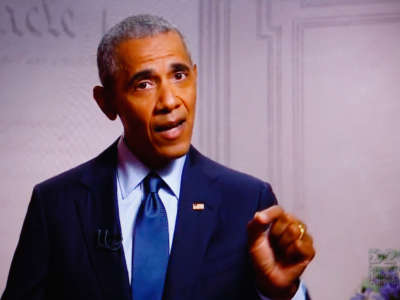 Former President Barack Obama addresses the virtual 2020 Democratic National Convention, livestreamed online and viewed on a laptop screen on August 20, 2020.