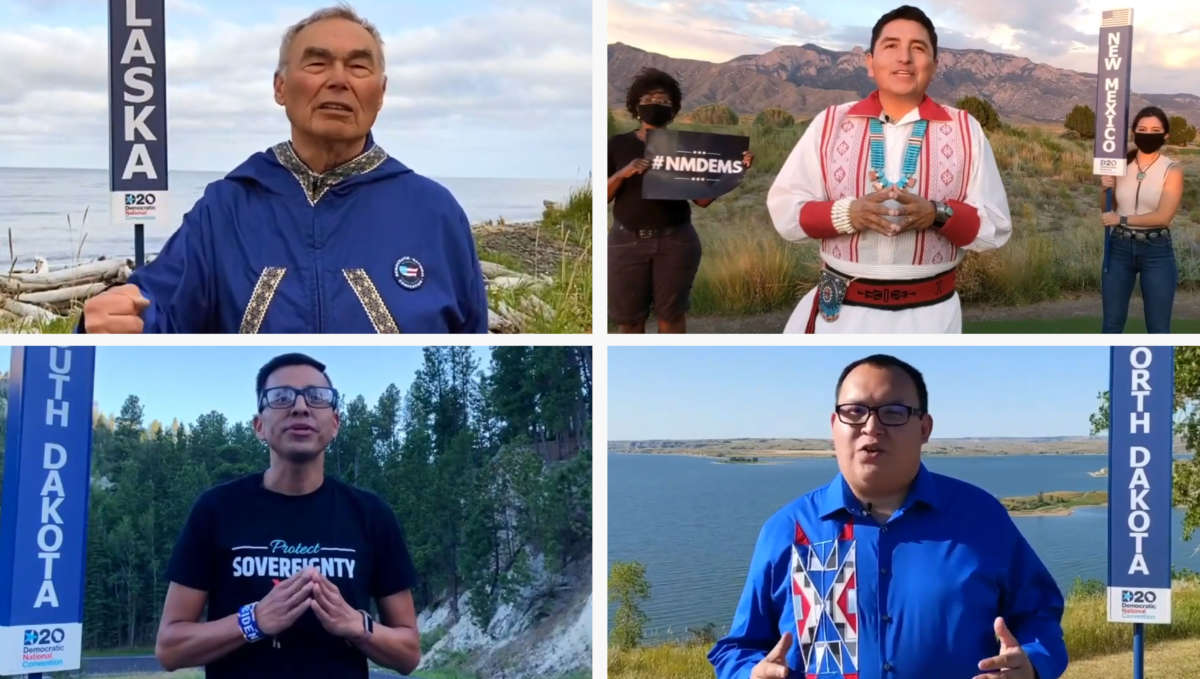 Four Native American delegates present their state delegate totals at the Democratic National Convention on August 18, 2020. Clockwise from top left: Chuck Degnan, Derrick Lente, Kellen Returns From Scout and Cesar Alvarez.