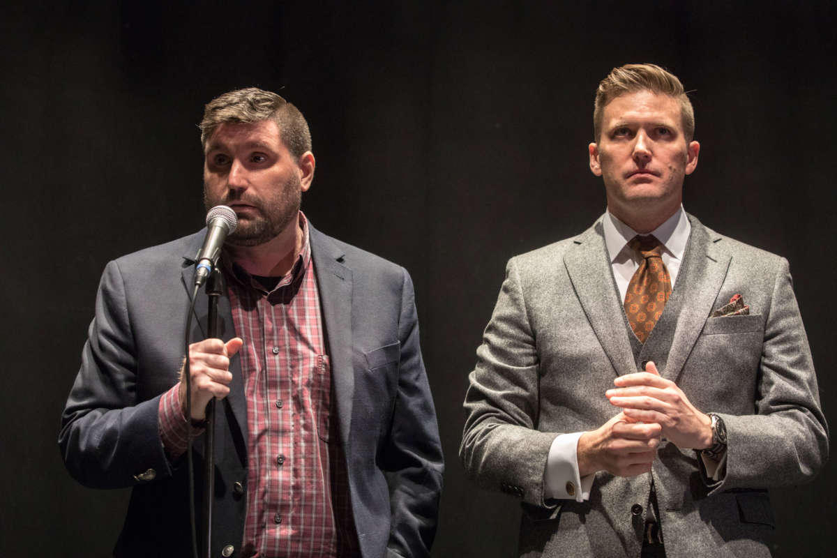 Richard Spencer and Mike "Enoch" Peinovich from The Right Stuff hold a press conference on October 19, 2017, at the University of Florida, in Gainesville, Florida.