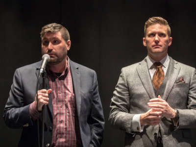 Richard Spencer and Mike "Enoch" Peinovich from The Right Stuff hold a press conference on October 19, 2017, at the University of Florida, in Gainesville, Florida.