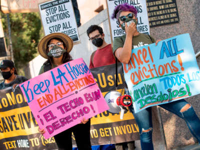 Renters and housing advocates attend a protest to cancel rent and avoid evictions in front of the court house amid the COVID-19 pandemic on August 21, 2020, in Los Angeles, California.