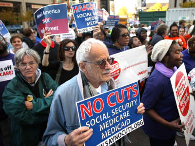 A large rally was held at the Wang Center to protest proposed cuts to social security, medicare and medicaid on November 9, 2011, in Boston, Massachusetts.