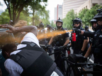 A Charlotte-Mecklenburg police officer sprays a protester with pepper spray during a protest against the 2020 Republican National Convention in Charlotte, North Carolina, on August 24, 2020.