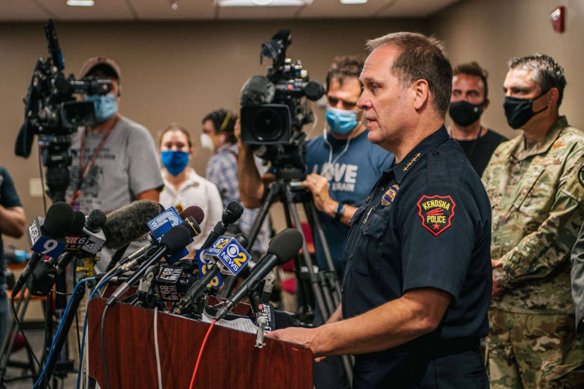 Police Chief Dan Miskinis speaks at a news conference on August 26, 2020, in Kenosha, Wisconsin.