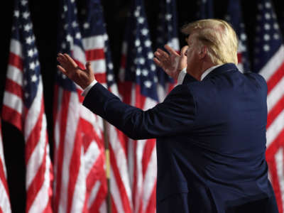 President Trump gestures during his acceptance speech for the Republican Party nomination for reelection during the final day of the Republican National Convention from the South Lawn of the White House on August 27, 2020, in Washington, D.C.