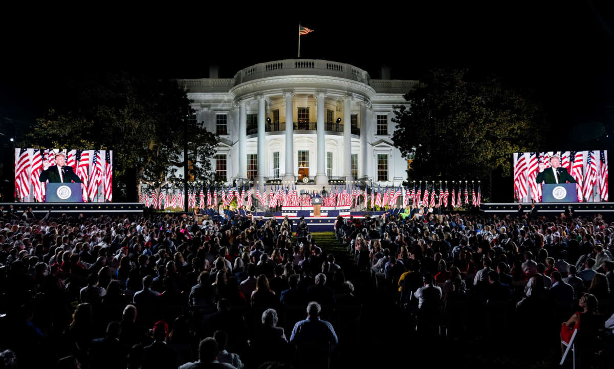 President Trump speaks on the fourth and final night of the Republican National Convention with a speech delivered in front a live audience on the South Lawn of the White House on August 27, 2020.