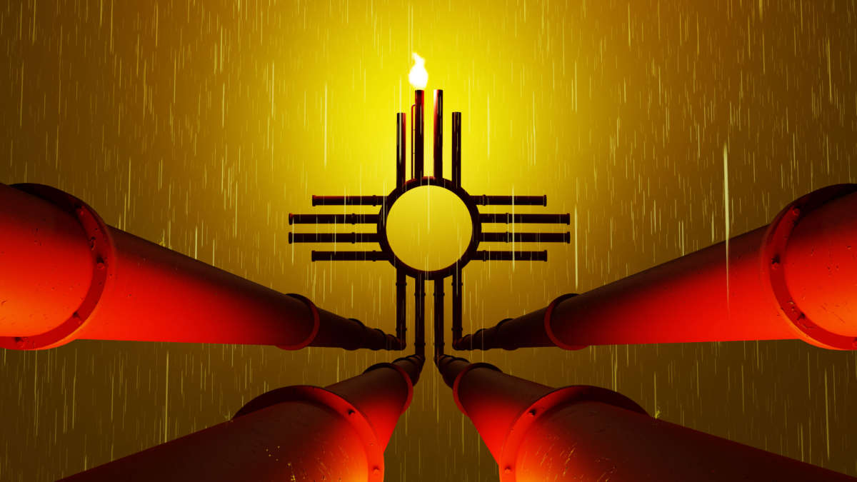 Rain over New Mexico state flag as oil pipes and methane flare