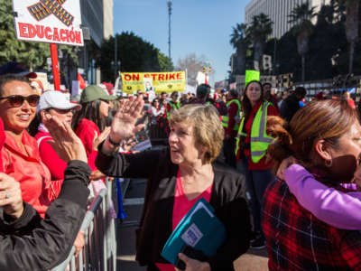 American Federation of Teachers president Randi Weingarten greets a crowd of striking teachers in Grand Park on January 22, 2019, in downtown Los Angeles, California.