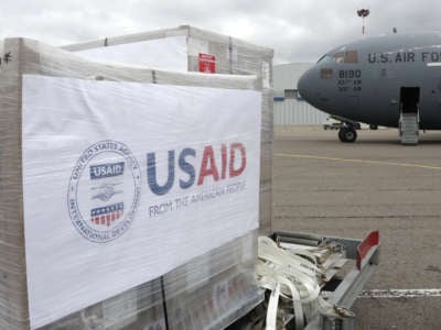 A United States Air Force aircraft delivers a second batch of medical ventilators at Vnukovo-3 Airport in Moscow, Russia, on June 4, 2020.