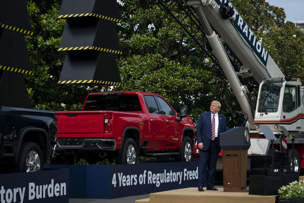 Donald Trump speaks during an event about rollback of the National Environmental Policy Act on the South Lawn of the White House on July 16, 2020, in Washington, D.C.