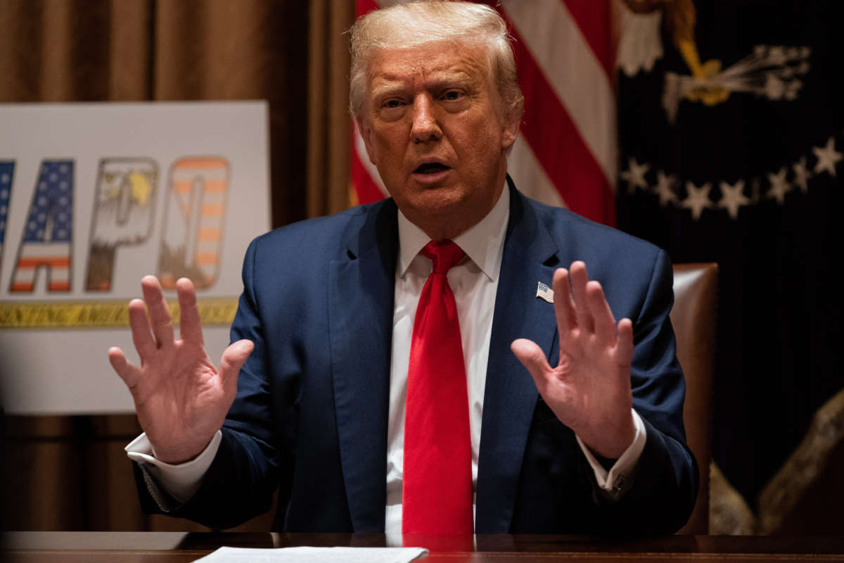 Donald Trump speaks during a meeting with members of the National Association of Police Organizations Leadership in the Cabinet Room of the White House on July 31, 2020, in Washington, D.C.