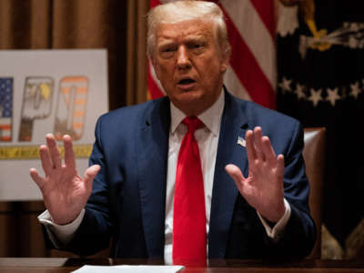 Donald Trump speaks during a meeting with members of the National Association of Police Organizations Leadership in the Cabinet Room of the White House on July 31, 2020, in Washington, D.C.