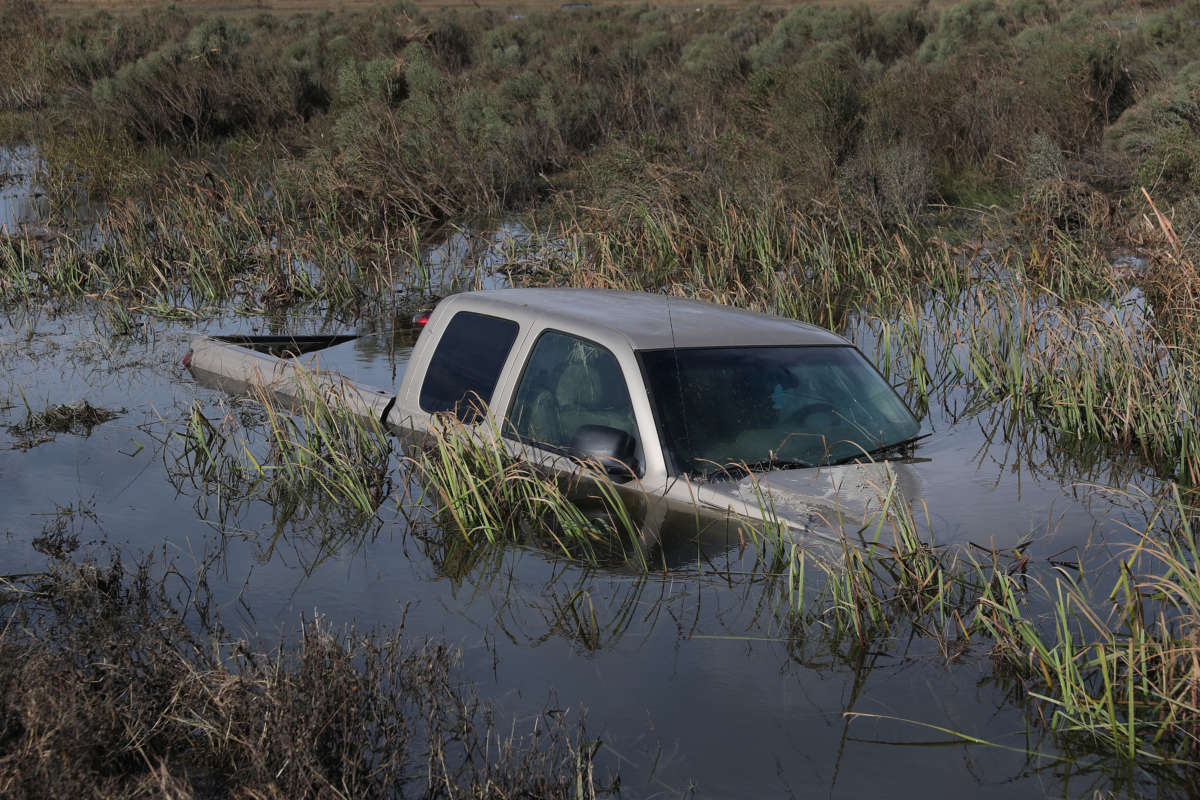 A vehicle is seen in a flooded area after Hurricane Laura passed through on August 29, 2020, in Creole, Louisiana.