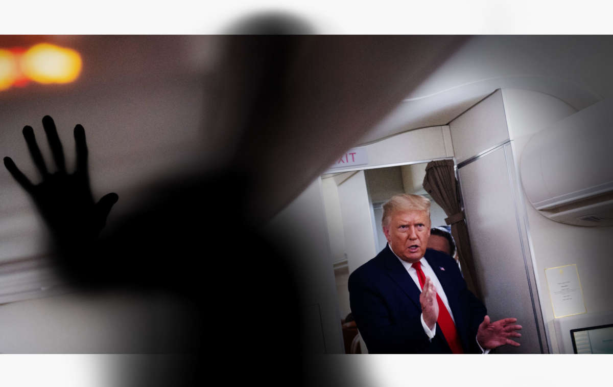 Donald Trump on a plane with shadowy figure in foreground