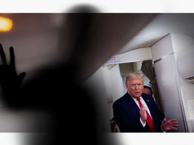 Donald Trump on a plane with shadowy figure in foreground