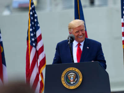 President Trump speaks to a small crowd at the USS North Carolina battleship on September 2, 2020, in Wilmington, North Carolina.