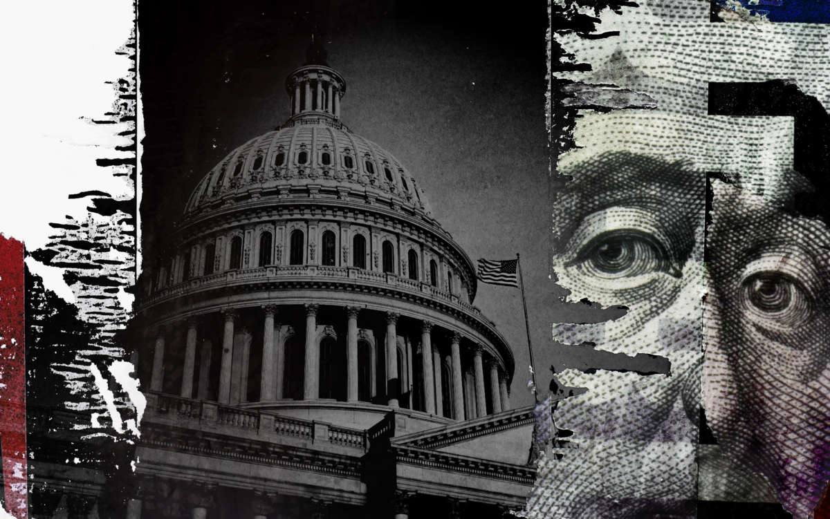 US Capitol Building seen through torn 100 dollar bill faces