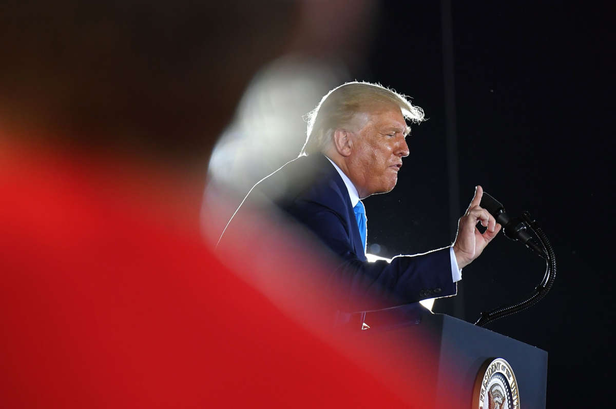 President Trump addresses supporters during a campaign event at Arnold Palmer Regional Airport in Latrobe, Pennsylvania, on September 3, 2020.