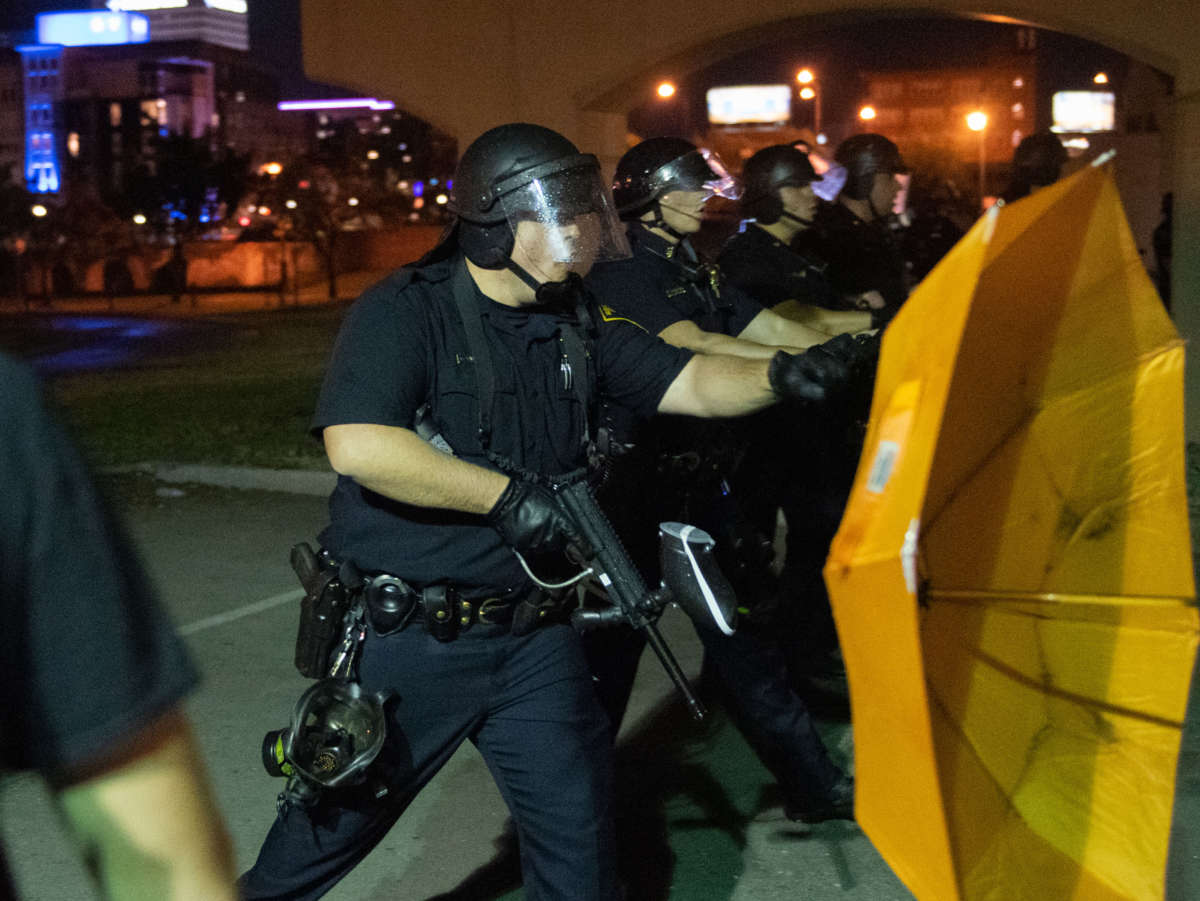 Police officers engage with demonstrators during a protest against the death of Daniel Prude on September 3, 2020, in Rochester, New York.