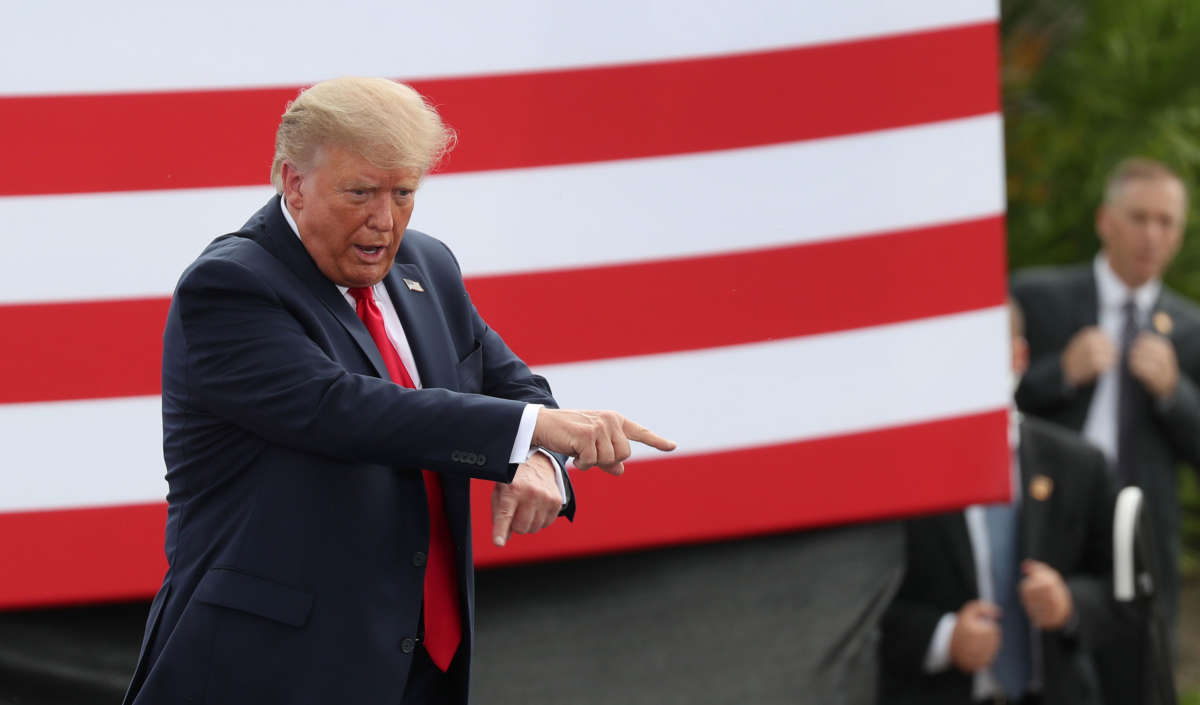 President Trump gestures as he leaves after speaking at the Jupiter Inlet Lighthouse on September 8, 2020, in Jupiter, Florida.