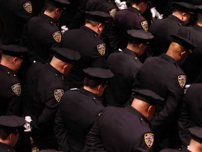 Members of the New York Police Department (NYPD) take part in a promotion ceremony on January 27, 2012, in New York City.