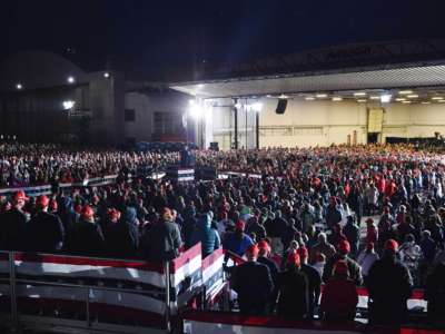 President Trump addresses supporters during a campaign rally at MBS International Airport in Freeland, Michigan, on September 10, 2020.