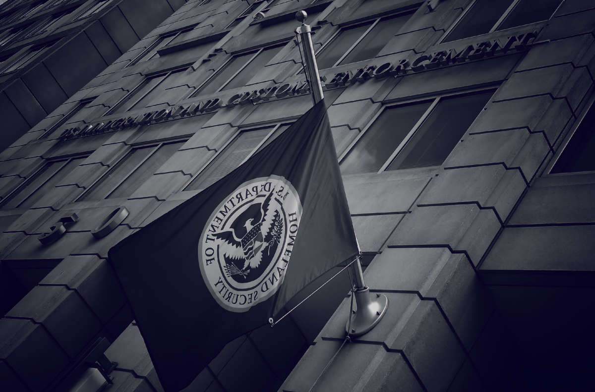 The Department of Homeland Security flag flies outside the Immigration and Customs Enforcement (ICE) headquarters in Washington, D.C., on July 17, 2020.