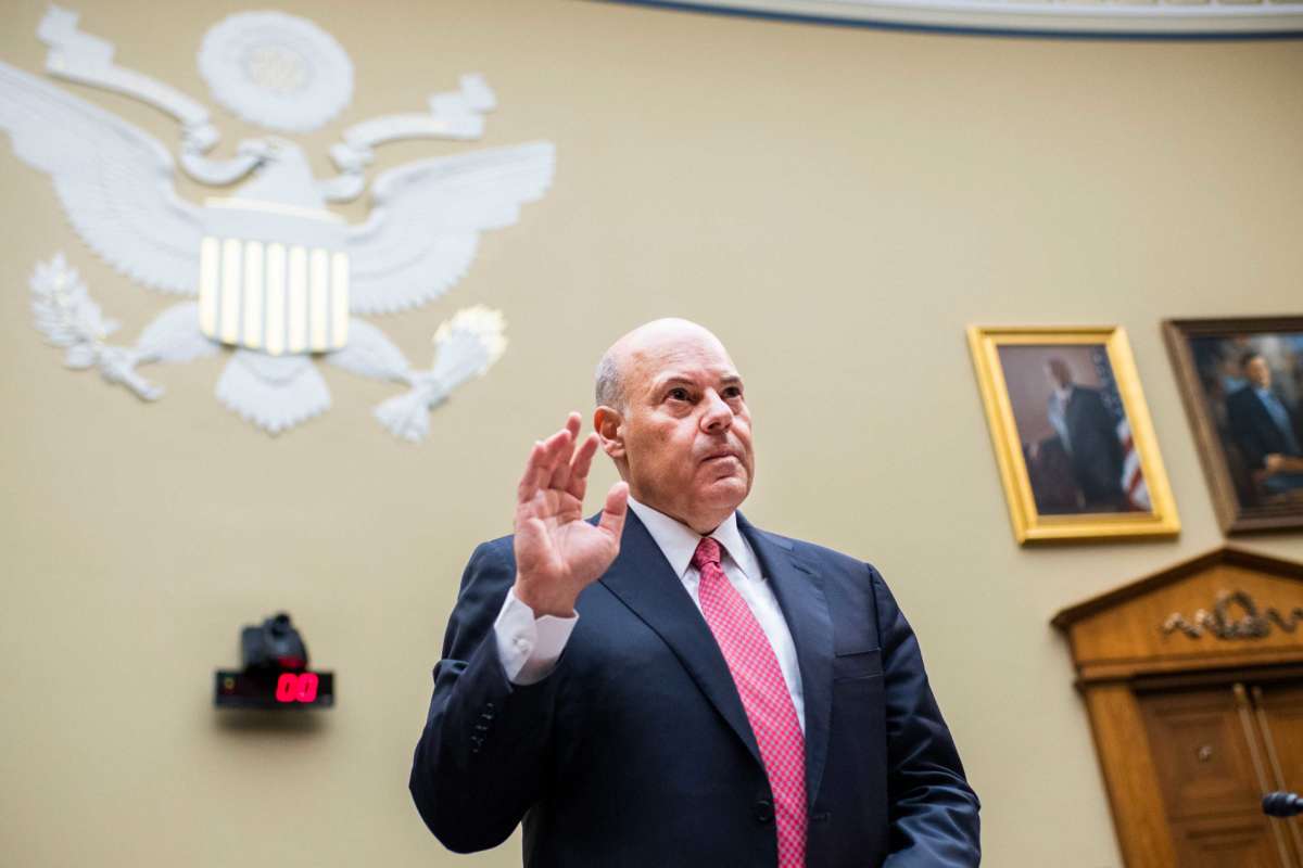 Postmaster General Louis DeJoy is sworn into a House Oversight and Reform Committee hearing in the Rayburn House Office Building on August 24, 2020.