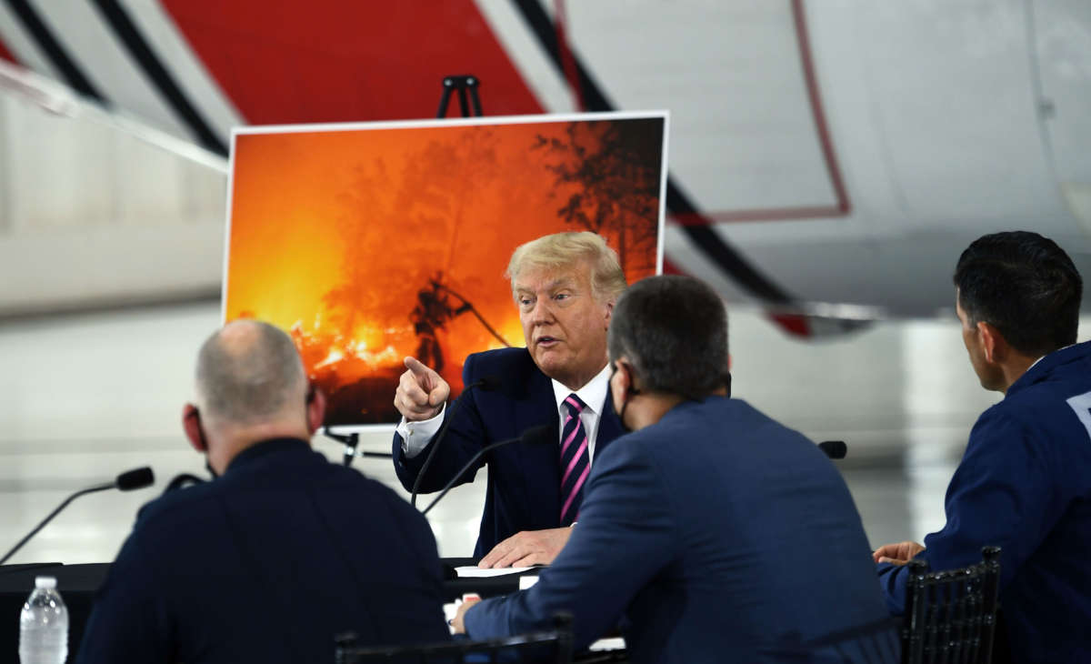 President Trump speaks during a briefing on wildfires with local and federal fire and emergency officials at Sacramento McClellan Airport in McClellan Park, California, on September 14, 2020.