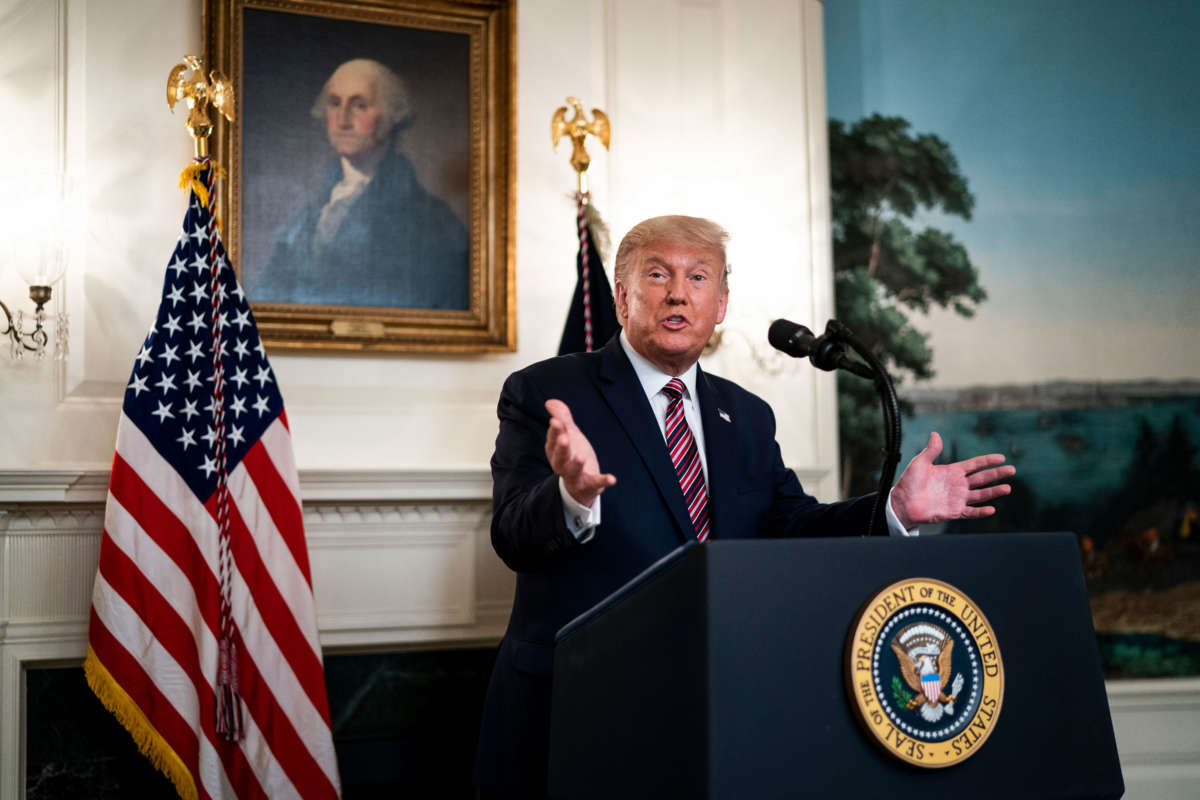 President Trump speaks in the Diplomatic Reception Room of the White House on September 9, 2020 in Washington, D.C.