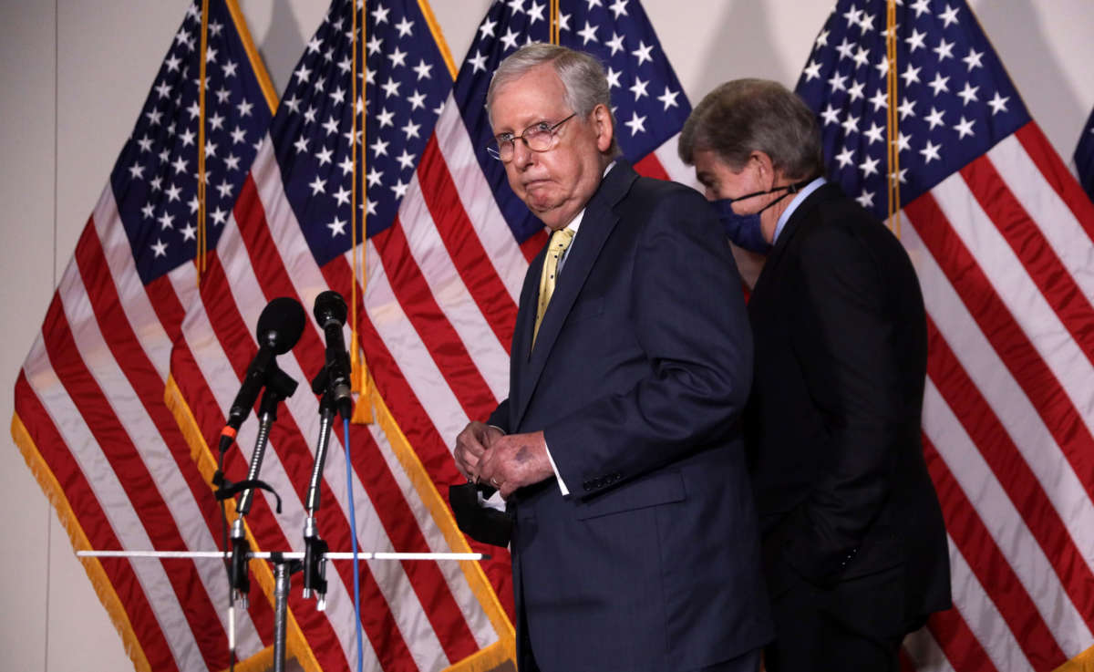 Senate Majority Leader Mitch McConnell approaches the microphones to speak to members of the media after the weekly Senate Republican Policy Luncheon at the Hart Senate Office Building, September 9, 2020, on Capitol Hill in Washington, D.C.