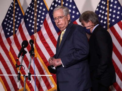Senate Majority Leader Mitch McConnell approaches the microphones to speak to members of the media after the weekly Senate Republican Policy Luncheon at the Hart Senate Office Building, September 9, 2020, on Capitol Hill in Washington, D.C.