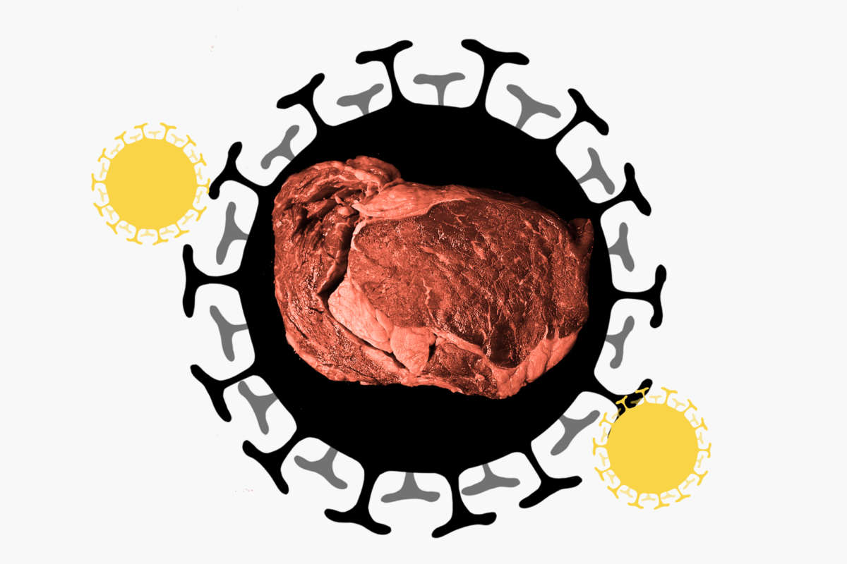 meat is surrounded by graphics of viruses