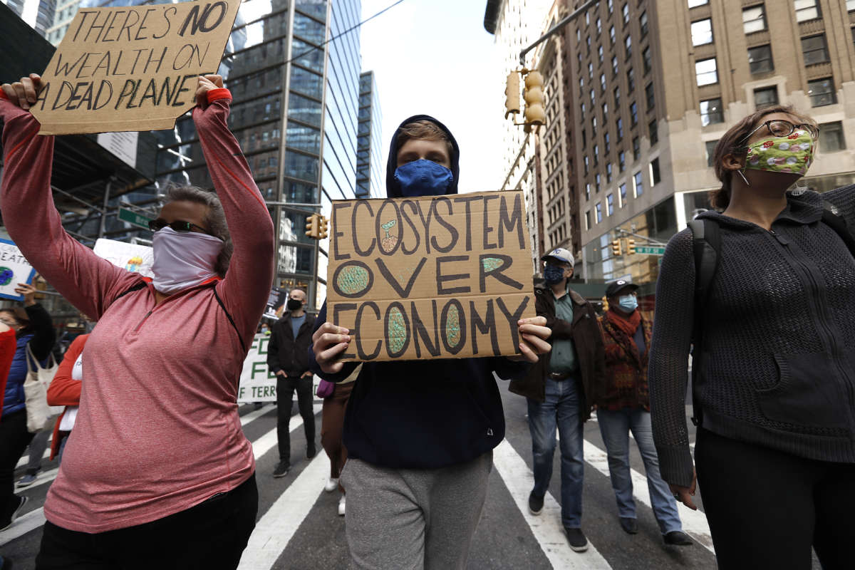A masked protester holds a sign reading "ECOSYSTEM OVER ECONOMY" during a protest