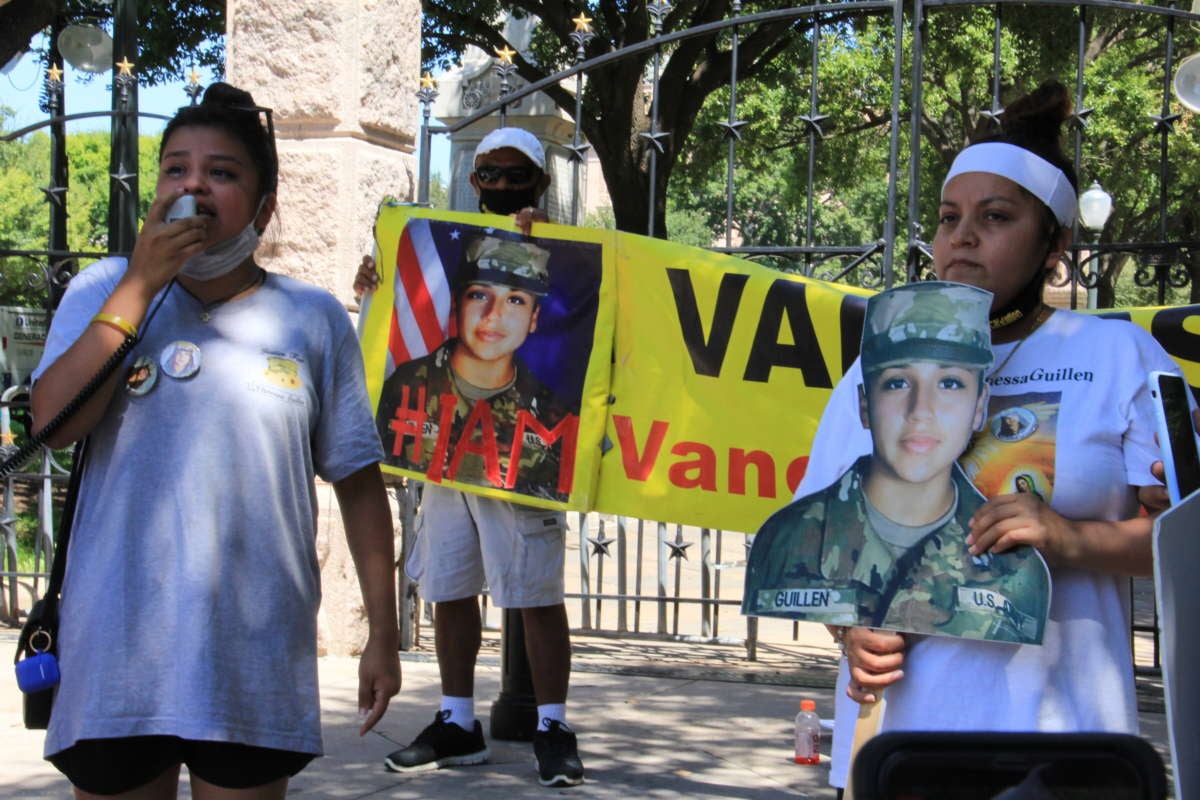 Lupe Guillén, Vanessa Guillén's sister, and her mother, Gloria Guillén, speak to a crowd of protesters in front of the Texas state Capitol in Austin, on September 7, 2020.