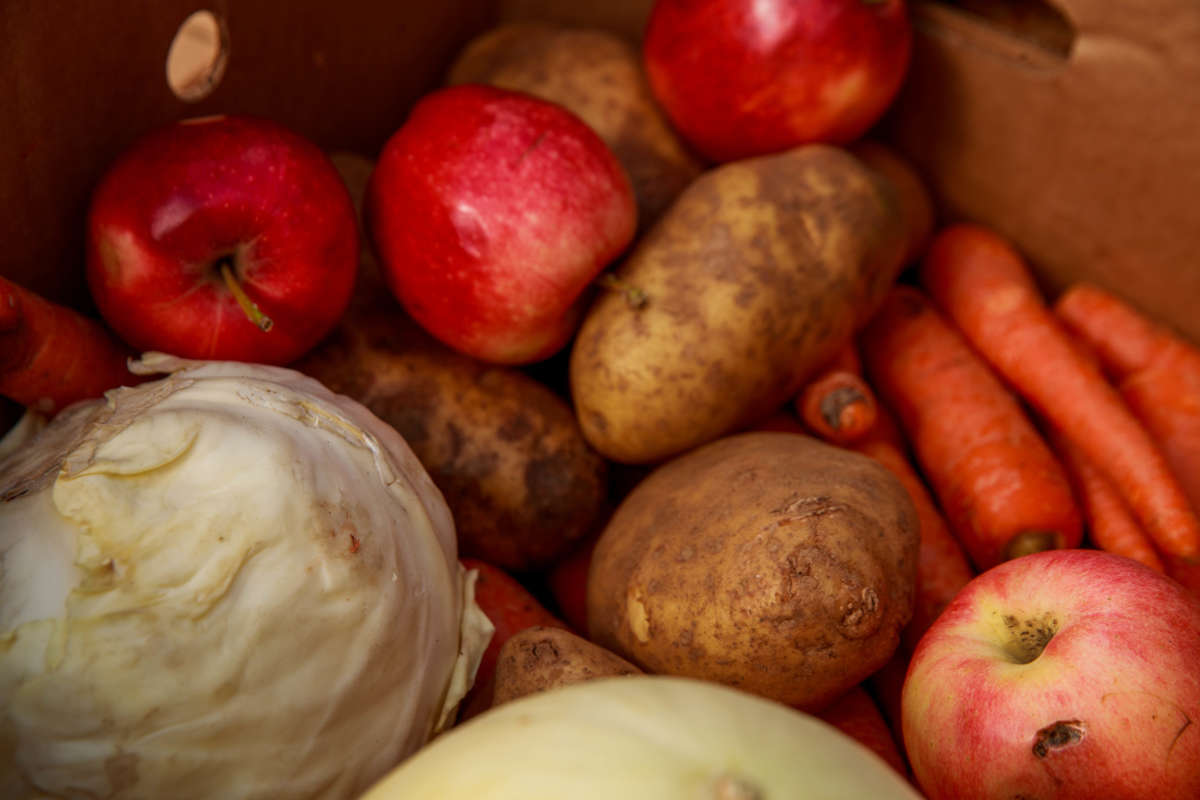 Vegetables are repacked into boxes from the Hoosier Hills Food Bank before arriving at Pantry 279 in Ellettsville, Indiana, to help those experiencing food insecurity during the COVID-19 pandemic.